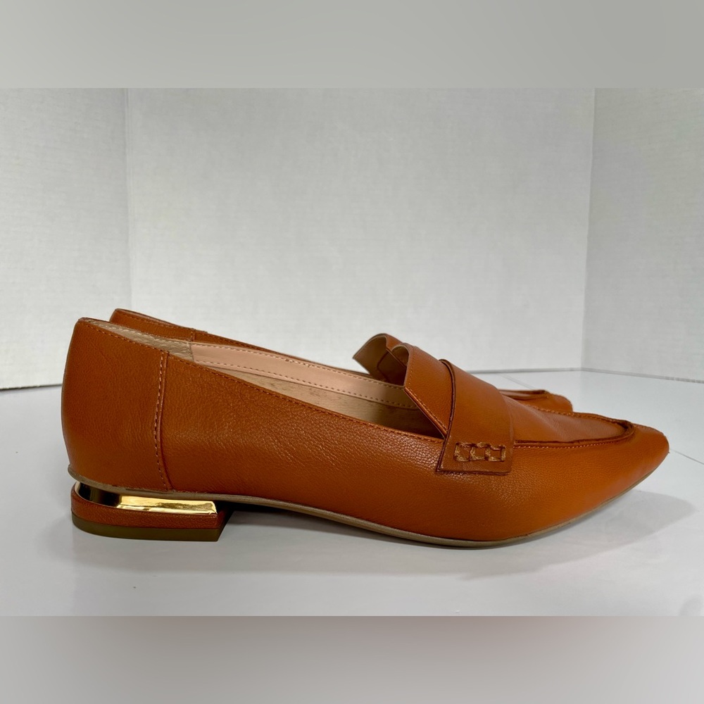 FRANCO SARTO Brown Leather Pointed Toe Loafers Gold Heel Detail 7.5